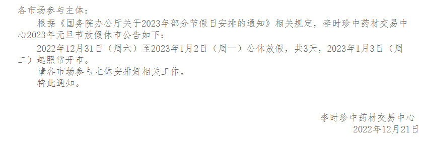 农产品现货平台关于2023年元旦放假的公告