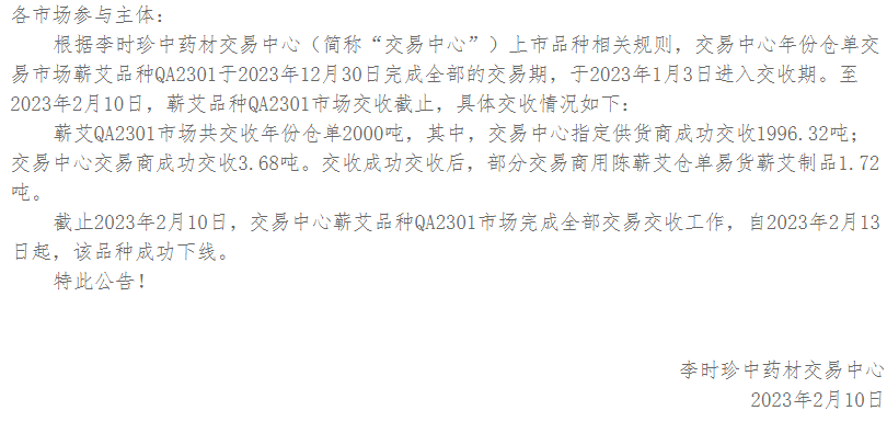 中药材现货平台品种QA2301市场交收完成的下线公告